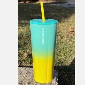 NWT Starbucks Tumbler Cold Cup Yellow Turquoise Stainless Metal Venti Ombré